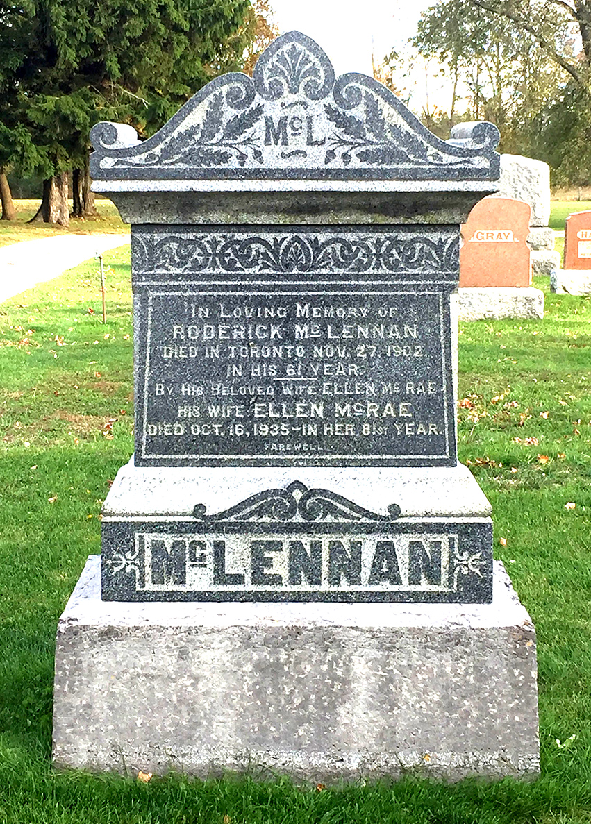 Photo of headstones/Roderick McLennan d1902 hdstn Sanctuary Park Cemetery Port Elgin, Bruce Co ON